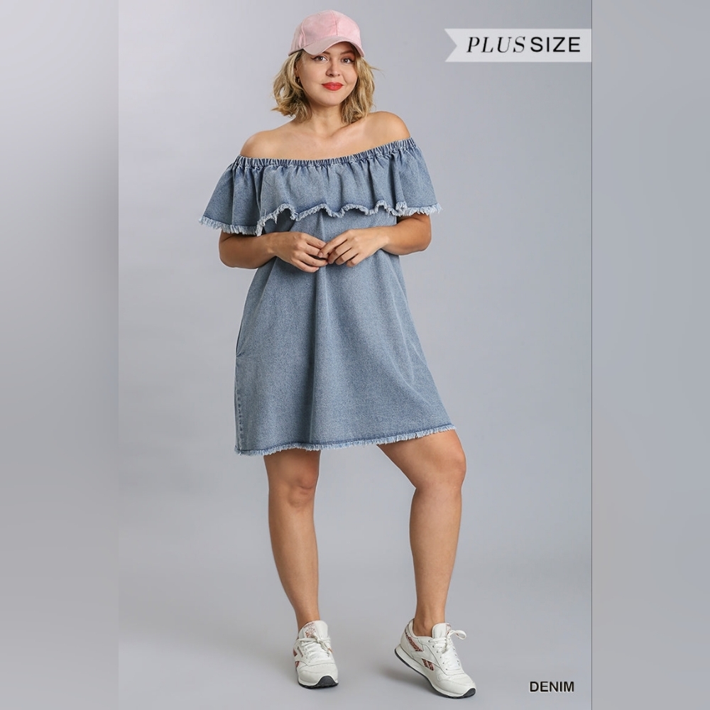 Off Shoulder Ruffled Denim Dress - Picture 9 of 10